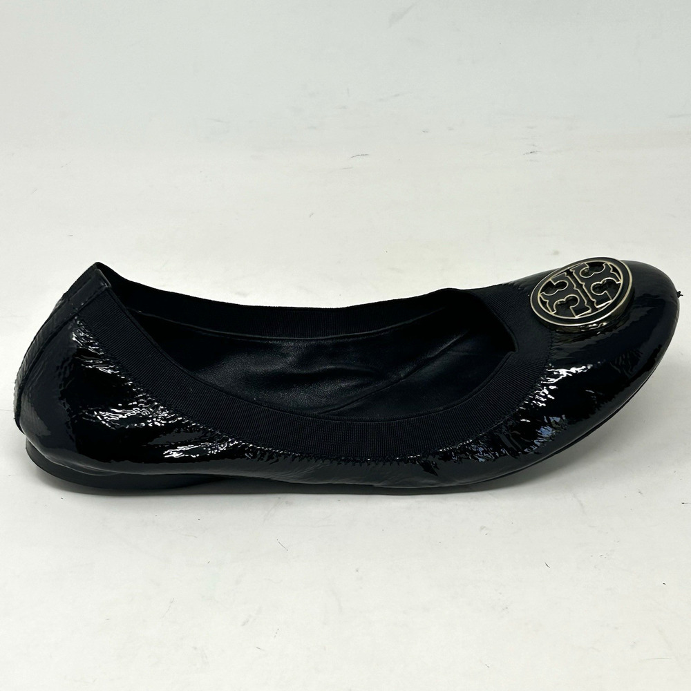 Tory Burch Caroline Black Ballet Flats Size 9.5 Patent Leather Medallion Logo - Picture 2 of 10